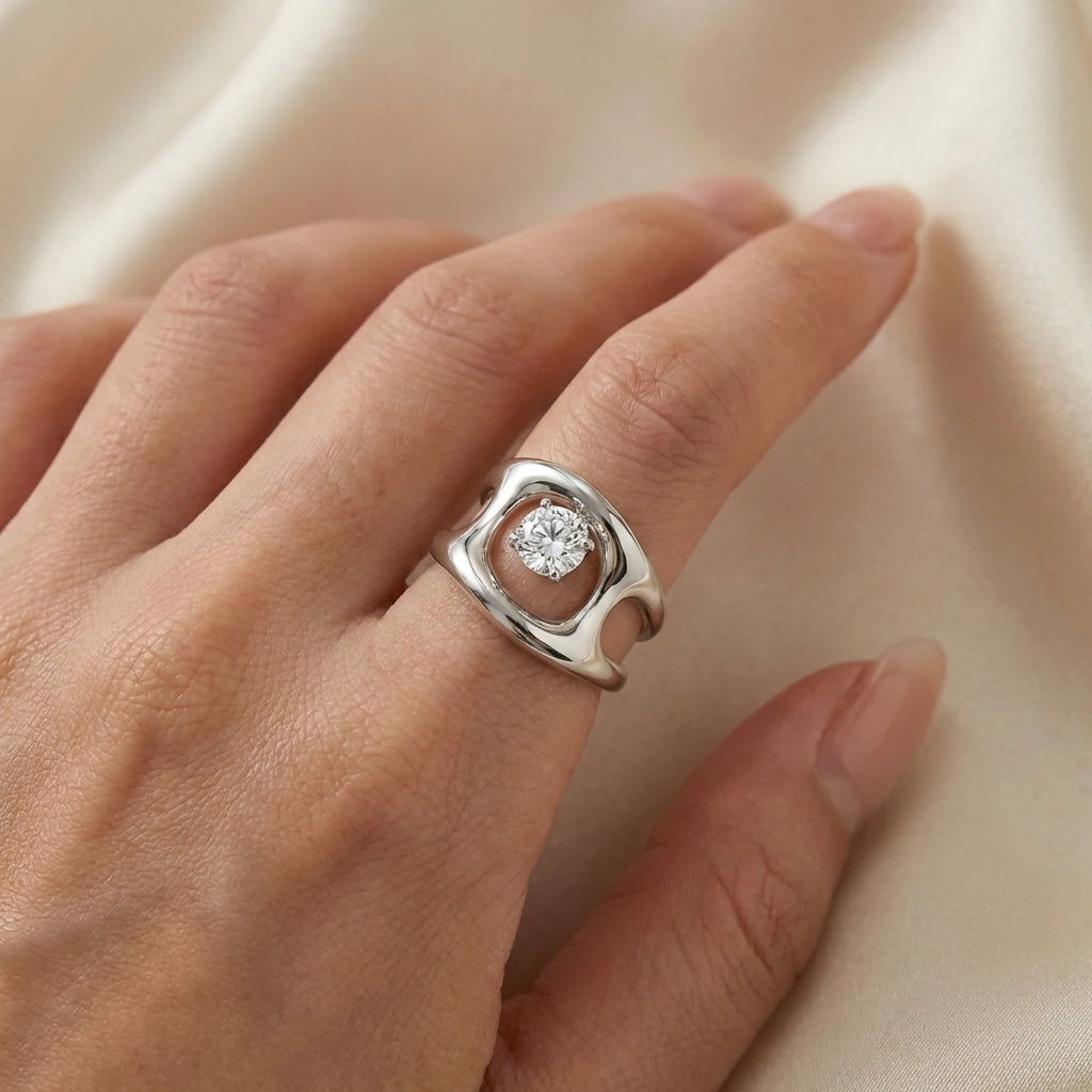 Sculpted Orbit Ring with Floating Stone