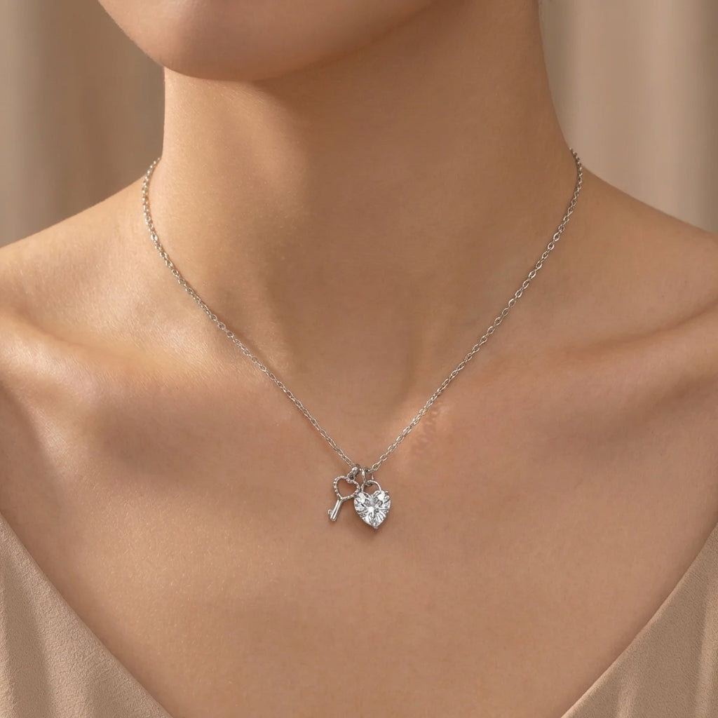 Silver Heart & Key Crystal Necklace