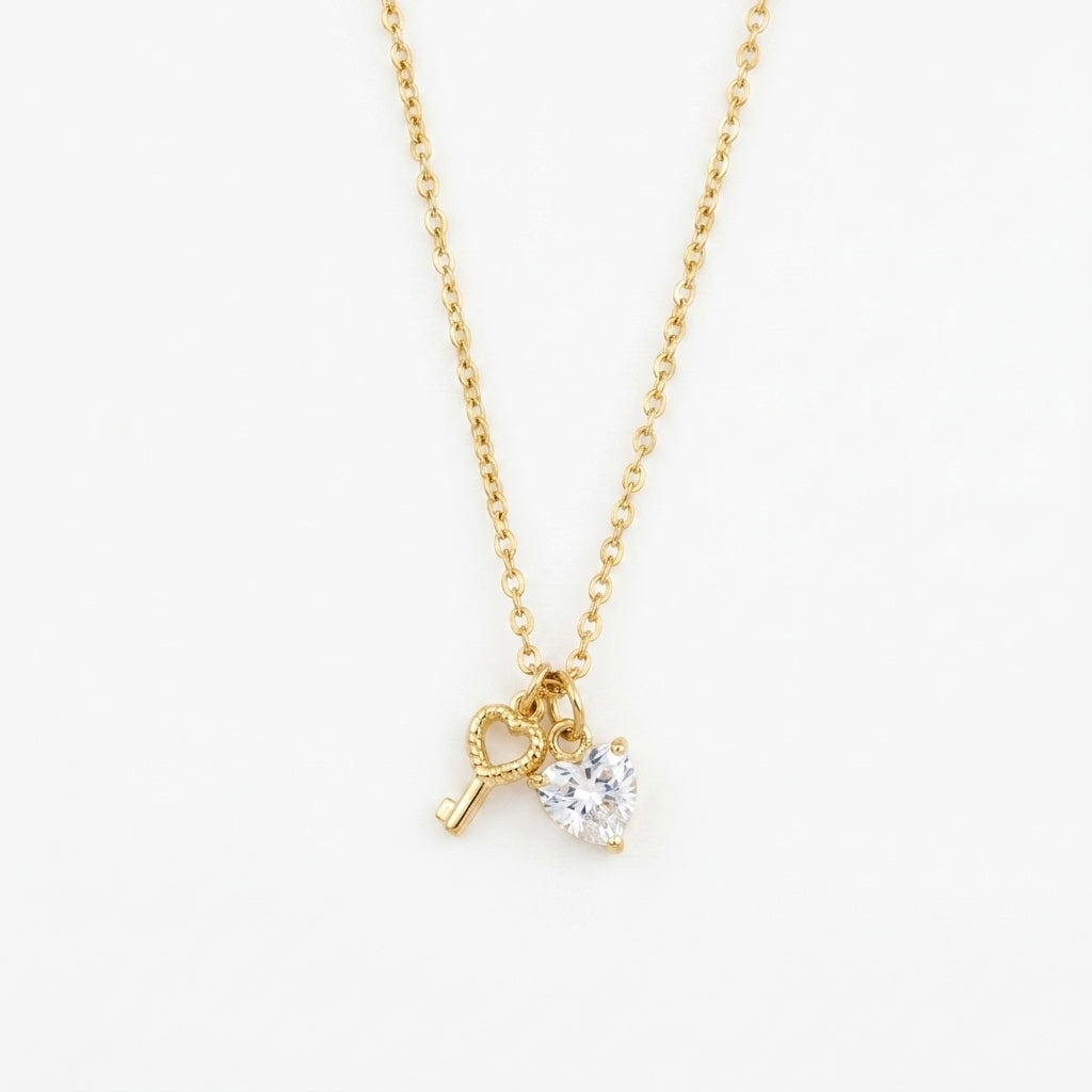 Golden Heart Key & Crystal Pendant Necklace