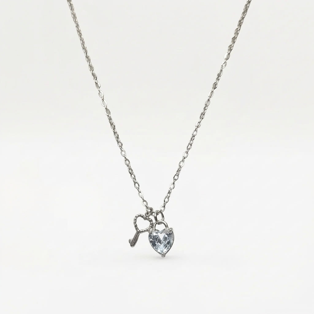 Silver Heart & Key Crystal Necklace