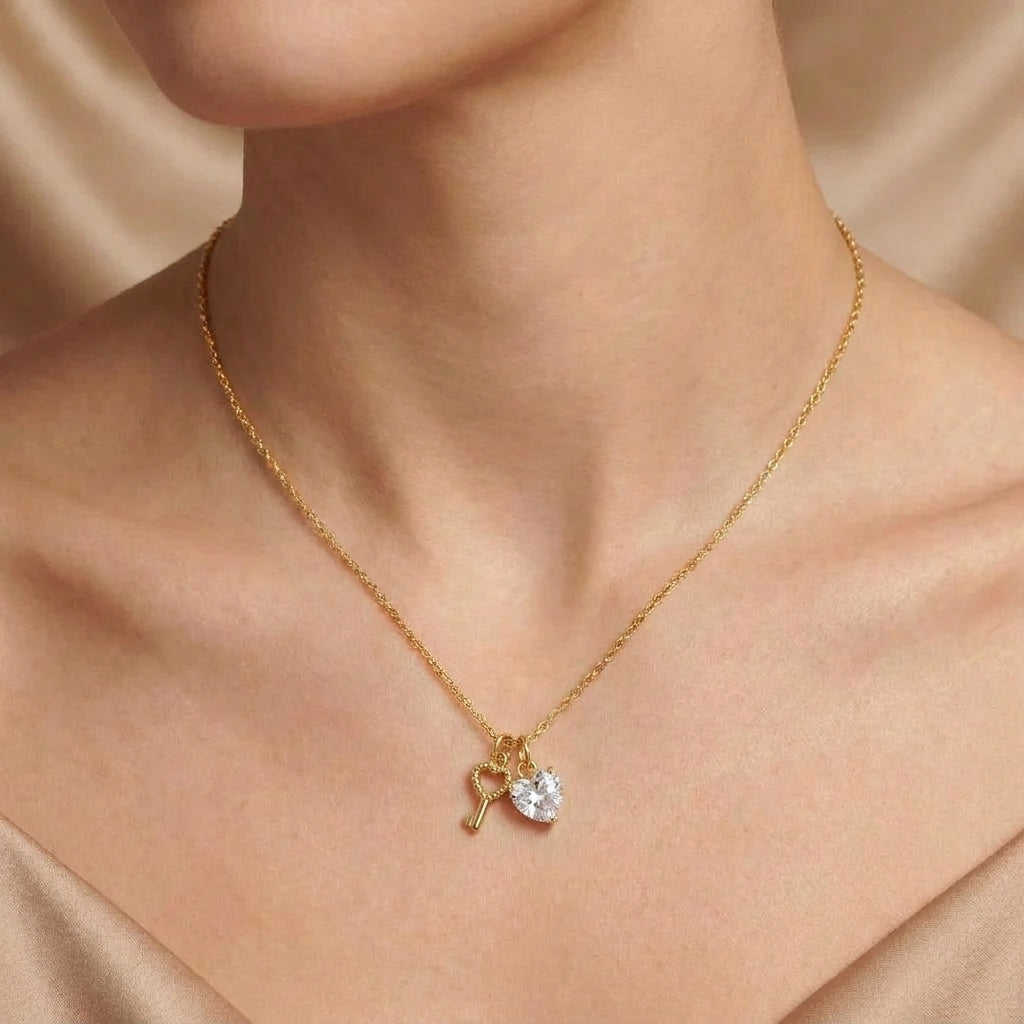 Golden Heart Key & Crystal Pendant Necklace